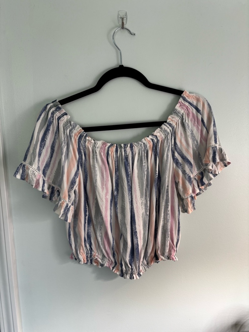 Ocean Drive Striped Off-Shoulder Crop Top - Pink, Blue & Cream
